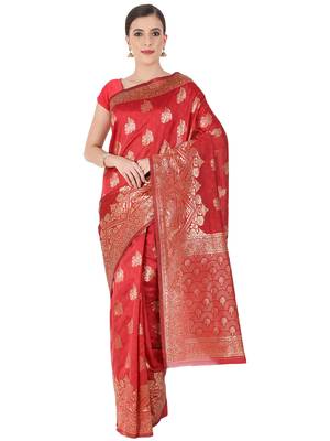 Red Woven Silk Blend Saree With Blouse 1