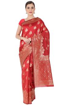Red Woven Silk Blend Saree With Blouse