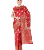 Red Woven Silk Blend Saree With Blouse