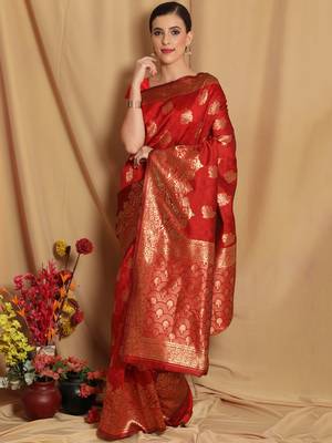 Red Woven Silk Blend Saree With Blouse 2