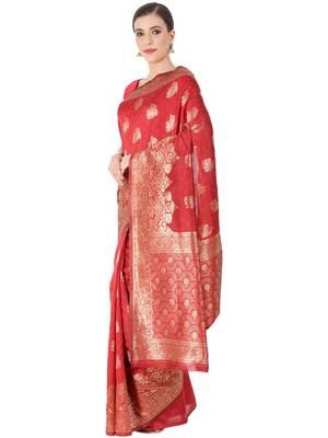Red Woven Silk Blend Saree With Blouse 3