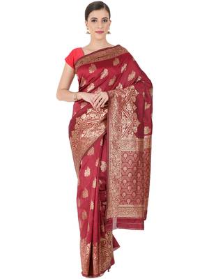 Maroon Woven Silk Blend Saree With Blouse 1
