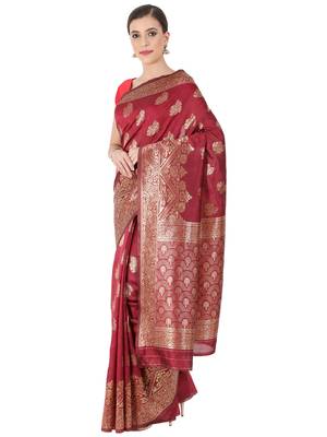 Maroon Woven Silk Blend Saree With Blouse 3