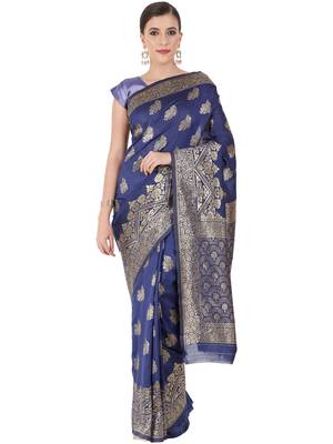Navy Blue Woven Silk Blend Saree With Blouse 1