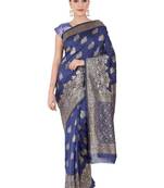 Navy Blue Woven Silk Blend Saree With Blouse