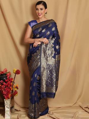 Navy Blue Woven Silk Blend Saree With Blouse 2