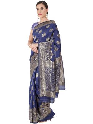 Navy Blue Woven Silk Blend Saree With Blouse 3