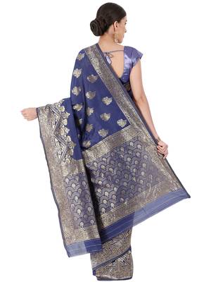 Navy Blue Woven Silk Blend Saree With Blouse 4