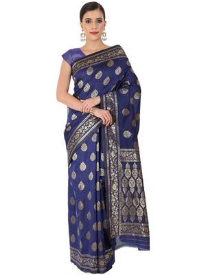 Navy Blue Woven Silk Blend Saree With Blouse 1