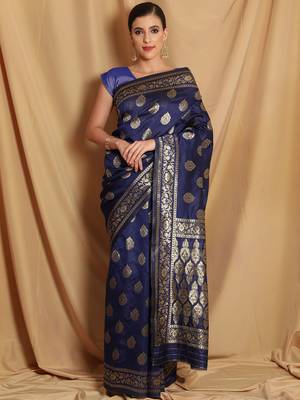 Navy Blue Woven Silk Blend Saree With Blouse 2