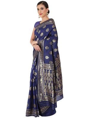 Navy Blue Woven Silk Blend Saree With Blouse 3