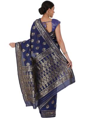 Navy Blue Woven Silk Blend Saree With Blouse 4