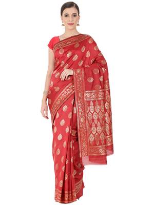 Red Woven Silk Blend Saree With Blouse 1