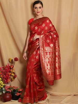 Red Woven Silk Blend Saree With Blouse 2