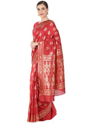 Red Woven Silk Blend Saree With Blouse 3