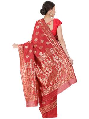 Red Woven Silk Blend Saree With Blouse 4