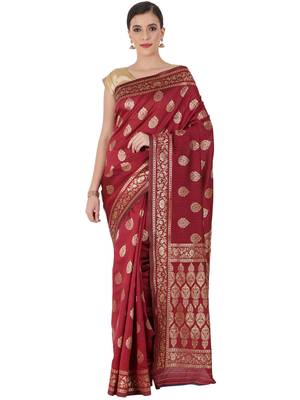 Maroon Woven Silk Blend Saree With Blouse 1