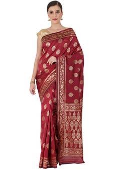 Maroon Woven Silk Blend Saree With Blouse