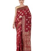 Maroon Woven Silk Blend Saree With Blouse