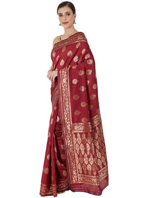 Maroon Woven Silk Blend Saree With Blouse 3