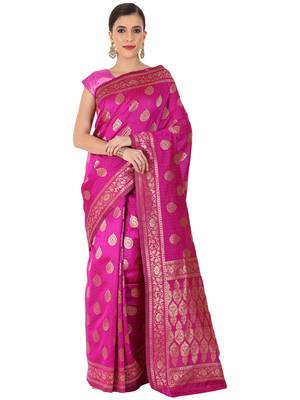 Hot Pink Woven Silk Blend Saree With Blouse 1
