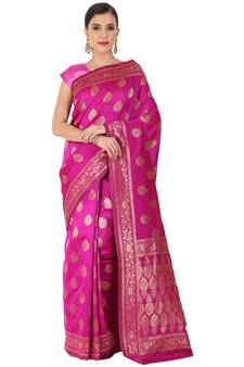 Hot Pink Woven Silk Blend Saree With Blouse