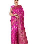 Hot Pink Woven Silk Blend Saree With Blouse