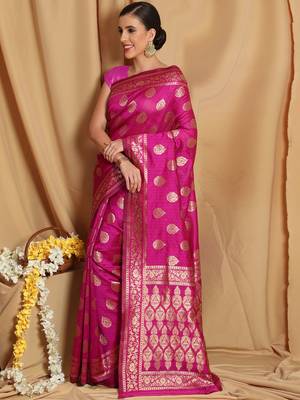 Hot Pink Woven Silk Blend Saree With Blouse 2