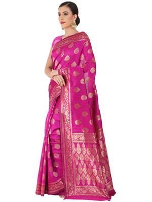 Hot Pink Woven Silk Blend Saree With Blouse 3