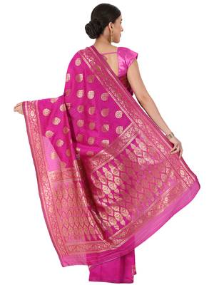 Hot Pink Woven Silk Blend Saree With Blouse 4