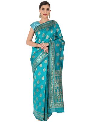 Turquoise Woven Silk Blend Saree With Blouse 1