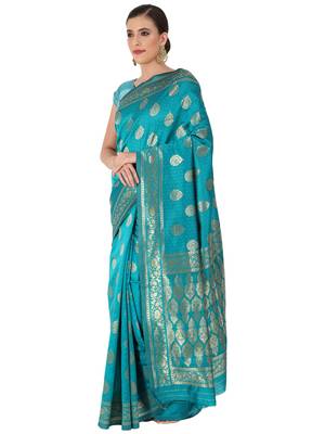 Turquoise Woven Silk Blend Saree With Blouse 3