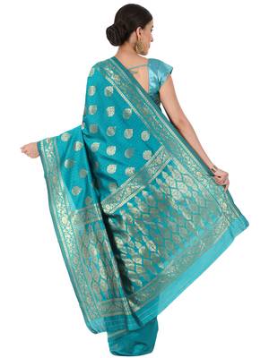 Turquoise Woven Silk Blend Saree With Blouse 4