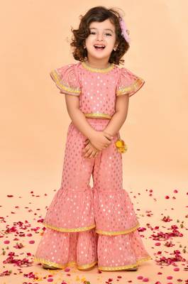 Peach Pink Sharara Top with Yellow Lace Detailing 1