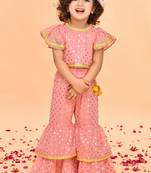 Peach Pink Sharara Top with Yellow Lace Detailing