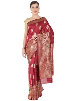 Maroon Woven Silk Blend Saree With Blouse 1