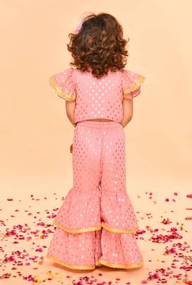 Peach Pink Sharara Top with Yellow Lace Detailing 2