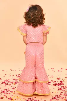 Peach Pink Sharara Top with Yellow Lace Detailing