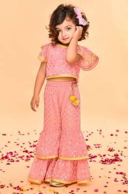 Peach Pink Sharara Top with Yellow Lace Detailing 3