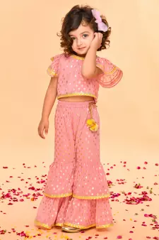 Peach Pink Sharara Top with Yellow Lace Detailing