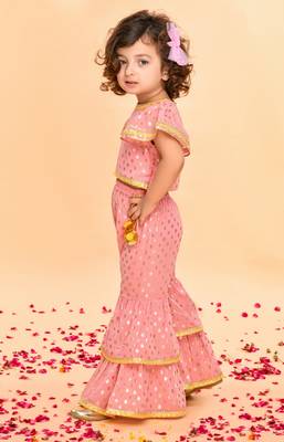 Peach Pink Sharara Top with Yellow Lace Detailing 4