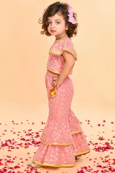 Peach Pink Sharara Top with Yellow Lace Detailing