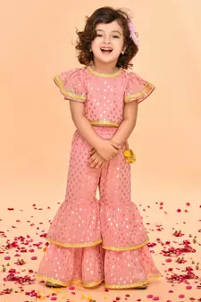 Peach Pink Sharara Top with Yellow Lace Detailing
