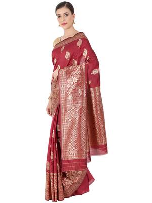 Maroon Woven Silk Blend Saree With Blouse 3