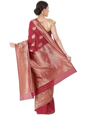 Maroon Woven Silk Blend Saree With Blouse 4