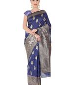 Navy Blue Woven Silk Blend Saree With Blouse