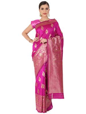 Hot Pink Woven Silk Blend Saree With Blouse 1