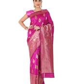 Hot Pink Woven Silk Blend Saree With Blouse