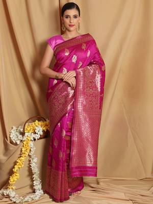 Hot Pink Woven Silk Blend Saree With Blouse 2