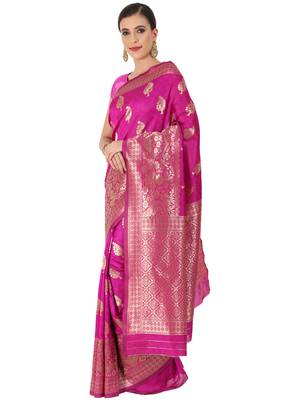 Hot Pink Woven Silk Blend Saree With Blouse 3